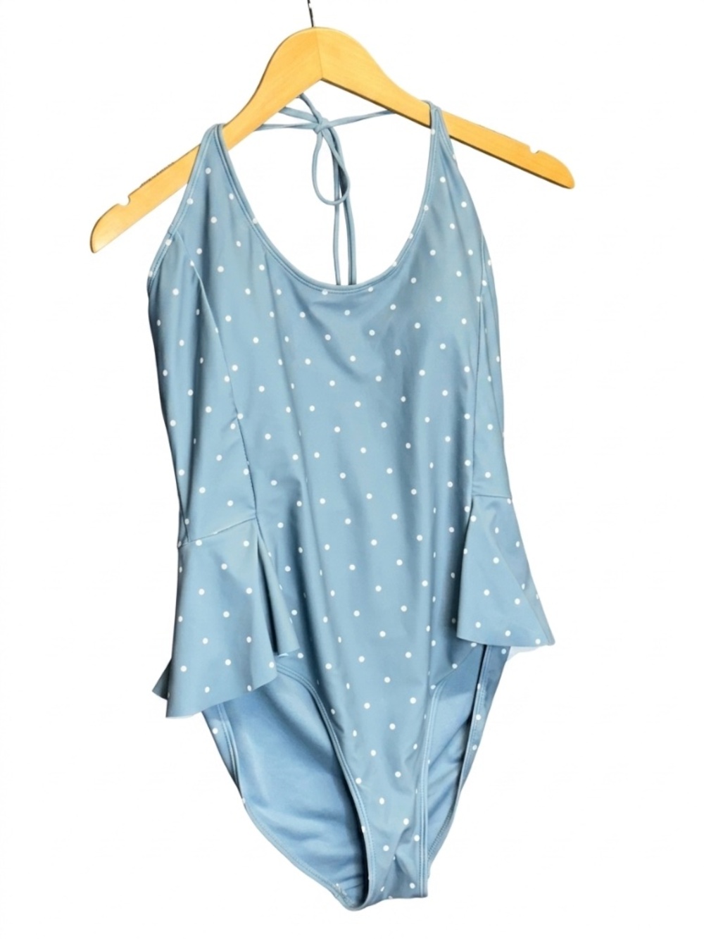 Vigoss Light Blue White Polka Dot Halter Peplum One Piece Swimsuit Size L
